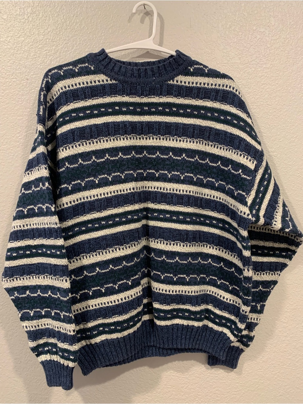 Classic Men's Navy and Cream Striped Crewneck Sweater